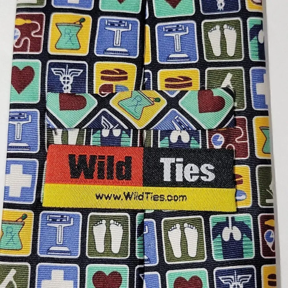 Wild Ties Mens Neck Tie Medical Symbols Instruments 100% Silk Multicolor 60
